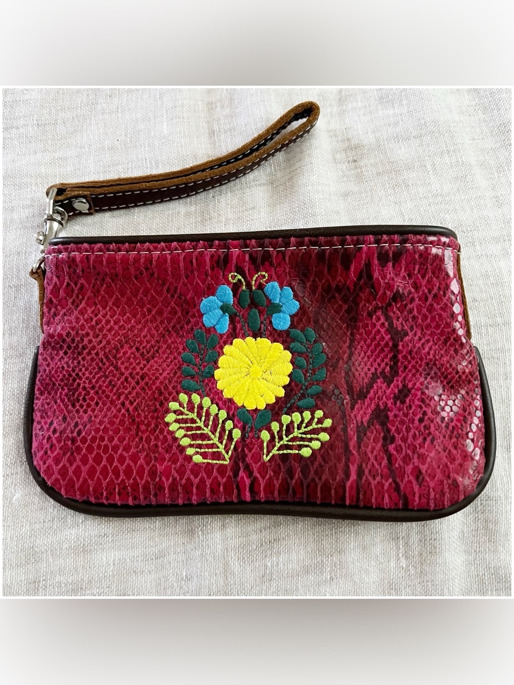 Consuela Magenta Snakeskin Embroidered Wristlet Clutch Beautiful Versatile
